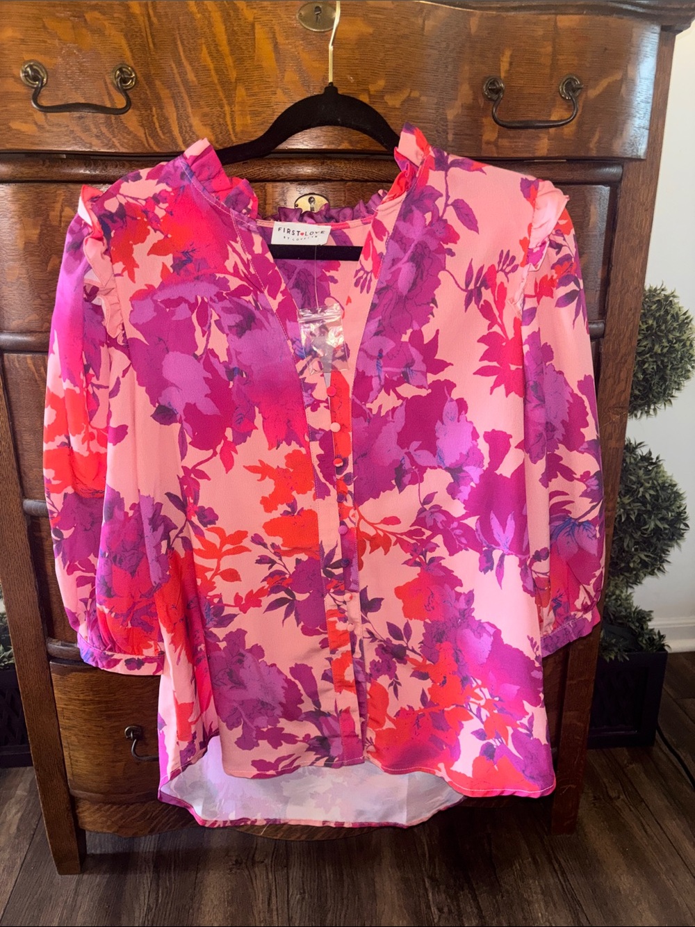 First Love Pink and Magenta Floral Ruffle-Trim Blouse